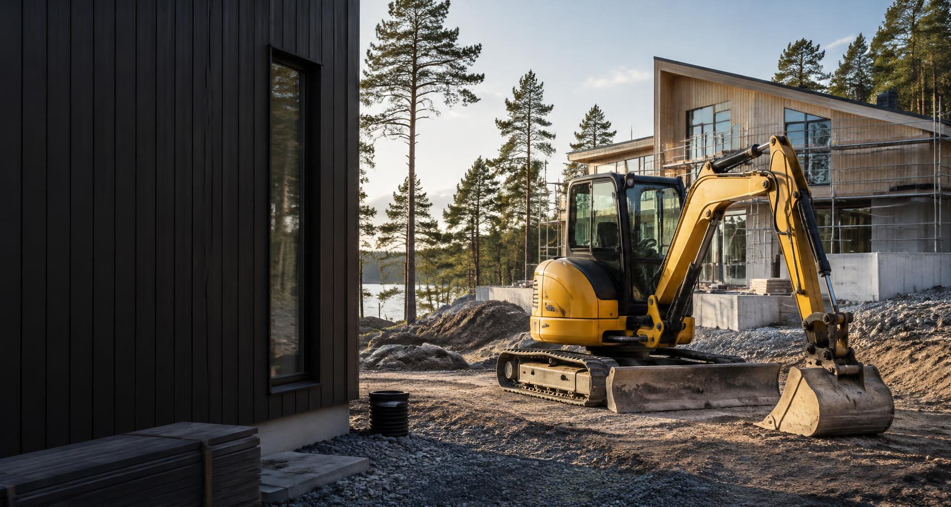 Grävmaskin på en svensk byggarbetsplats